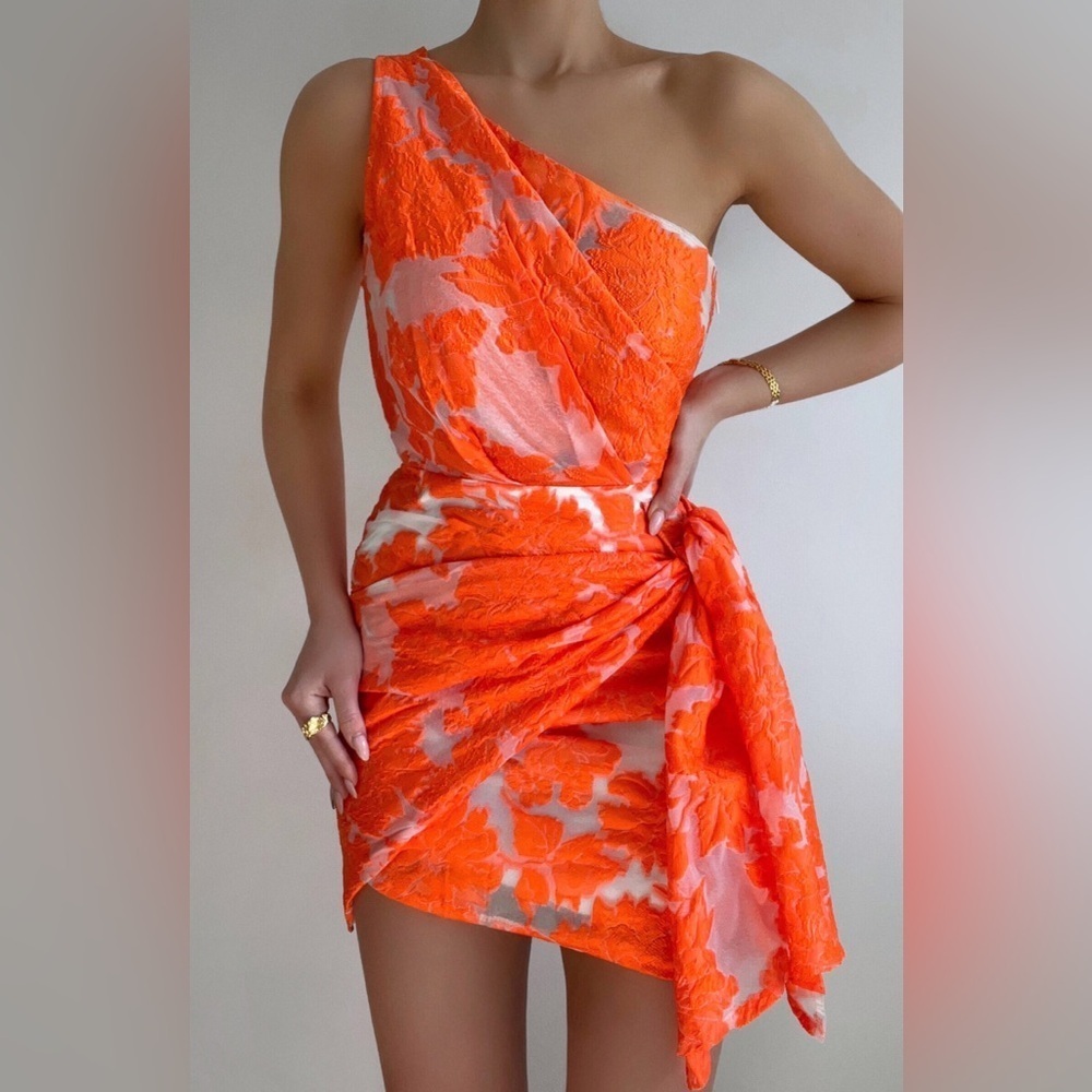 Showpo. Jacquard mini dress wrap neon embroidered One shoulder asymmetrical